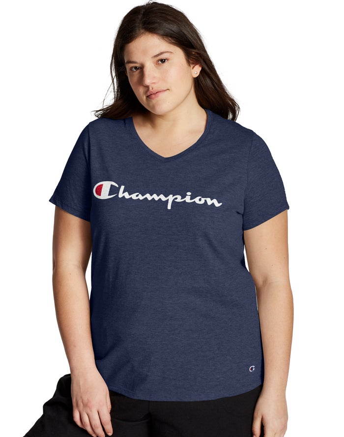 Champion Plus Jersey V-Neck Script Logo Kadın Tişört Lacivert ( JKDXWF046 )